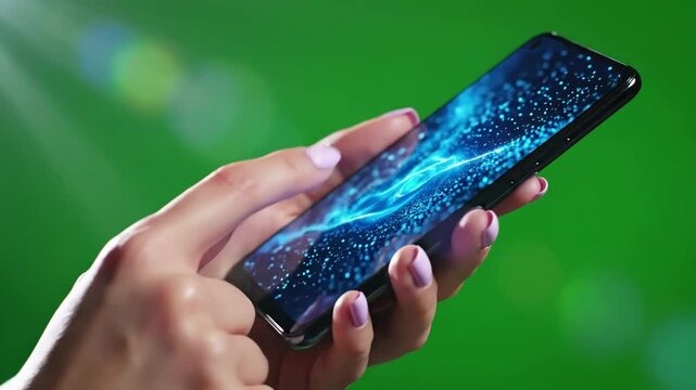 Green Screen holding hand a mobile smartphone blue scene 4 with distortion, overlay, glitch, static noise, scan lines on black background, 4k animated video loop