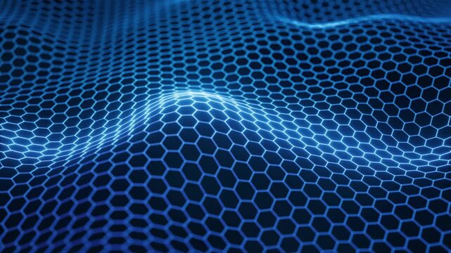 Abstract blue hexagonal grid waving in digital motion with neon glowing lines representing future data network connectivity