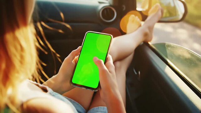 Green Screen the girl in front seat of car is sitting with a phone her feet out window top view woman s hands chromakey scene 4 distortion, overlay, glitch, static noise, scan lines on black