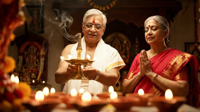 An indian grandmother prays intensely while her husband performs a golden aarti ritual, warmly lit within a home temple.