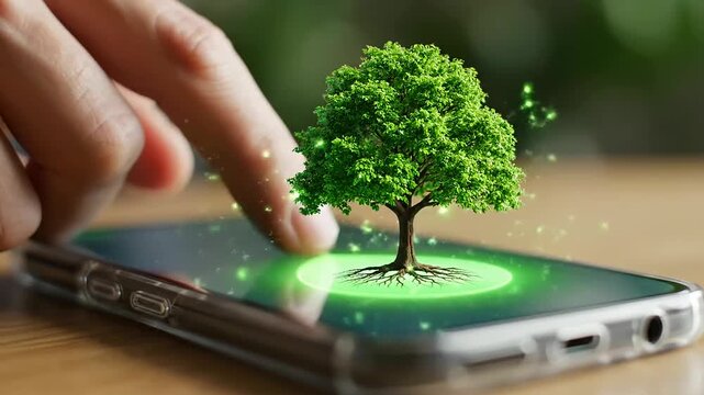 Circular economy financing concept with a digital tree growing on a smartphone screen, symbolizing sustainable investment and growth.
