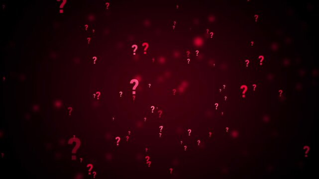Red question marks scattered across a dark, blurred red background with glowing particles image photo