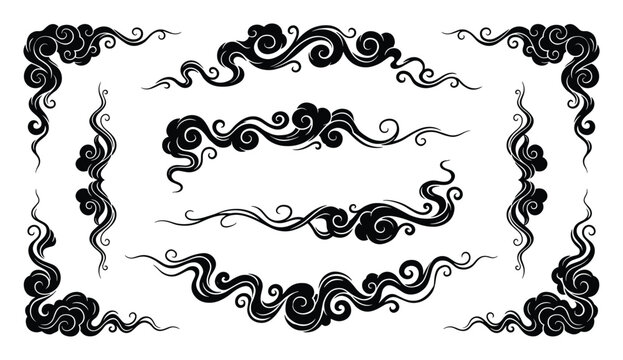 Asian clouds patterns set. Chinese or japanese style, borders, frames, ornaments for decoration.