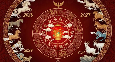 Obraz premium Chinese Zodiac signs with a festive lantern in the center, and numbers representing future years. Each zodiac sign is exquisitely crafted within a gold border
