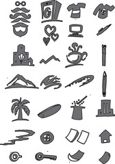 Fototapeta premium Hand drawn black vector icon set with simple sketches of food tools travel music and construction symbols