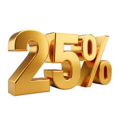 Golden 25 percent off discount tag isolated on transparent background