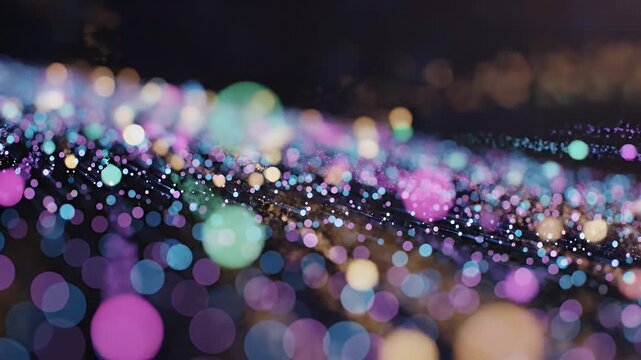 Abstract bokeh background with colorful lights and particles floating in the dark.