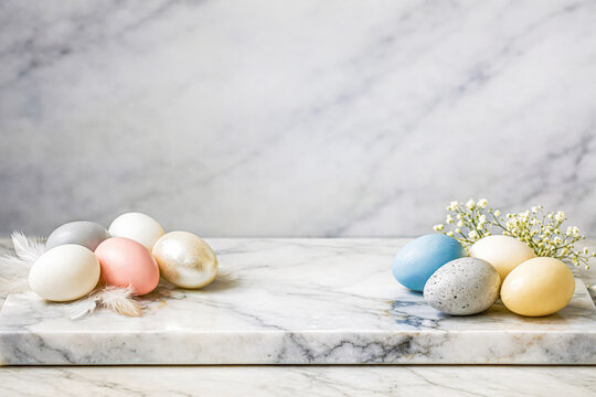 pastel easter eggs placed on cool marble surface with delicate florals, refined spring still life combining soft neutrals, gentle contrast, creating a premium look ideal for easter brunch promotions