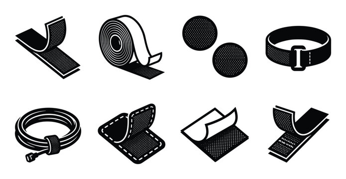 Black and white glyph vector drawing of different velcro fasteners and velcro strap types, for fastening cables.