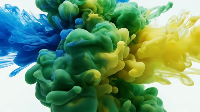Abstract colorful ink explosion in water against a white background.