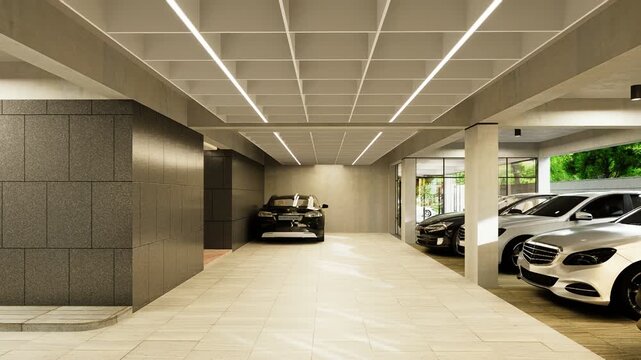 An empty underground parking garage leads into a modern office building corridor featuring minimalist architecture and glass design with bright indoor light reflecting off the floor
