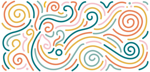 Abstract Colorful Line Pattern with Hand Drawn Swirls, Modern Organic Doodle Background, Minimal Illustration design.