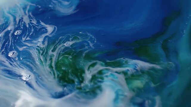 Abstract fluid art with blue, green, and white colors, creating a unique design.