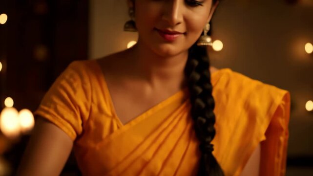Traditional indian woman in a yellow saree smiles softly in a warm close-up, framed by golden festive bokeh.