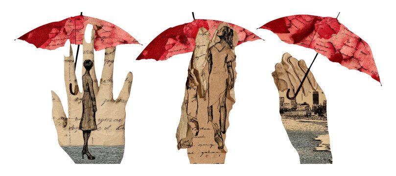 Melancholy Aesthetic Handcut Collage with Umbrellas and Vintage Imagery