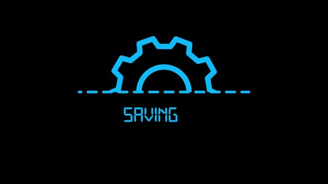 Saving gear icon animation on black background, data save progress indicator, technology system storage UI loop