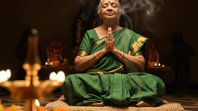 Serene indian grandmother meditating with folded hands, framed by warm, low-key lighting in a dark temple.