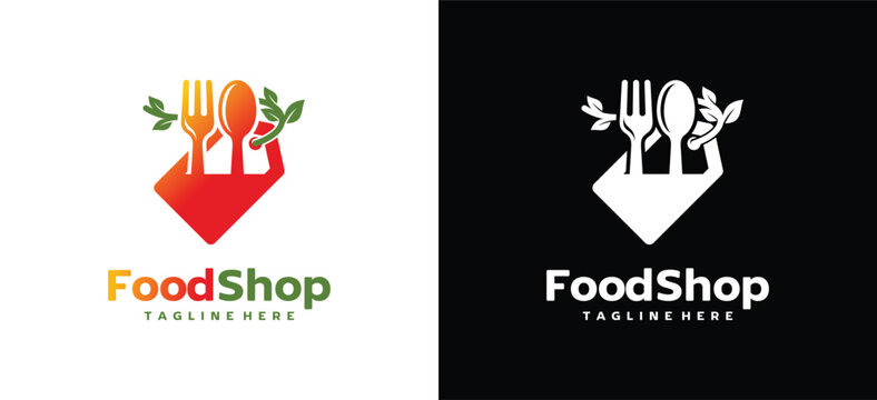 Attractive food shop logo combining price label and spoon fork icon. Ideal for restaurants, food markets, grocery stores, catering services, and culinary ecommerce branding.