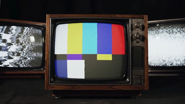 Green Screen three vintage tvs on black background televisions switching chroma key screens for pictures videos or writing tv changing colors noise static bad signal reception scene 1 with distortion