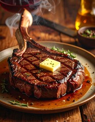 A grilled steak with butter on a plate