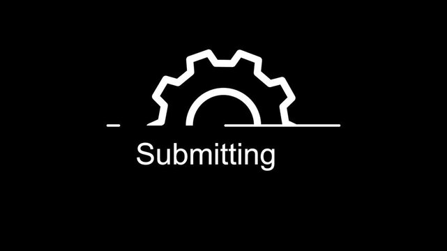 Submitting gear icon animation on black background, data submission progress indicator, technology system form processing