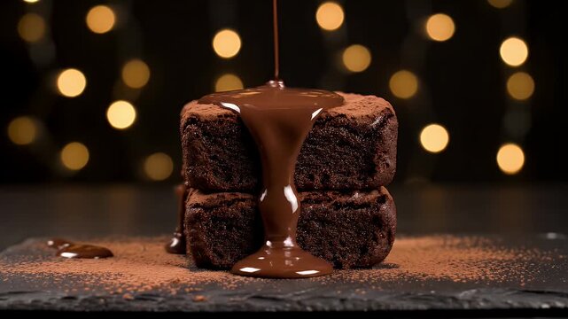 Pouring delicious chocolate sauce over a stacked brownie dessert with bokeh.