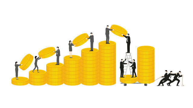 Business team collaborating in gold coins stacking and illegal wealth transfer for corruption concept