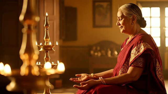 A serene indian grandmother prays by a brass oil lamp, captured in warm, cinematic lighting inside a traditional home.