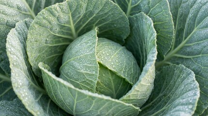 Obraz premium Fresh Green Cabbage Close-up Healthy Organic Vegetable with Water Droplets.