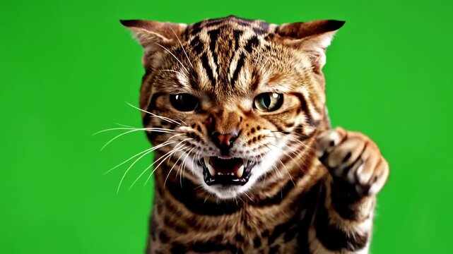 Green Screen 4k bengal cat on isolated with chroma key real shot close up portrait of angry hissing and raising his paw scene 4 distortion, overlay, glitch, static noise, scan lines black background
