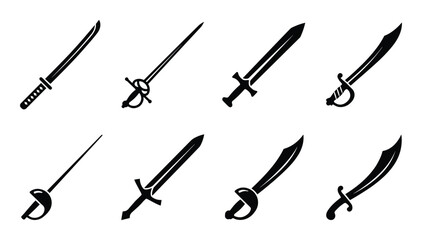 Naklejka premium Collection of glyph style swords, various designs, including katana, rapier, sabre, broadsword, and scimitar