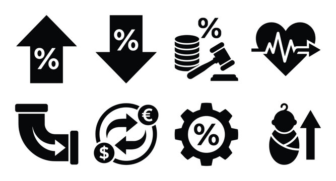 Collection of glyph icons depicting various rate types. Includes economic, health, currency, and industry symbols.