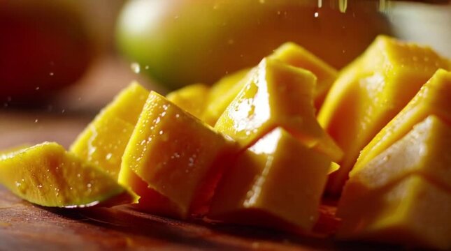 Close-up of a knife slicing a ripe juicy mango into perfect cubes on a rustic wooden cutting board highlighting the vibrant yellow flesh and healthy fruit preparation.