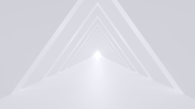 Abstract white futuristic 3D triangle tunnel background with bright light, concept of innovation, growth and digital transformation