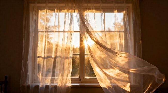 Golden light filtering through sheer curtains gently blowing in a sunlit window