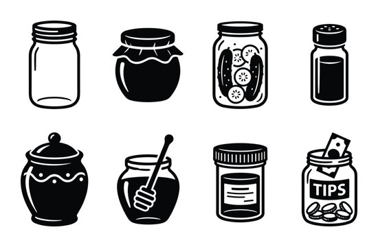 Collection of various jar illustrations. Black and white glyph style. Includes jam, honey, pickles, and more.