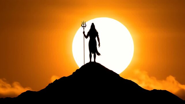 Silhouette of Lord Shiva with a trishula on a mountain during a vibrant sunset.