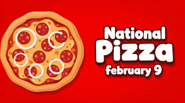 A holiday banner celebrating National Pizza Day with a pepperoni and onion pizza.