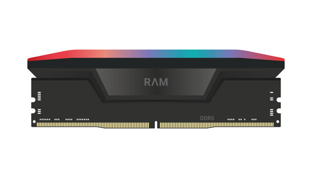 Computer memory module with DDR5 technology. Colorful RGB lighting, for PC components.