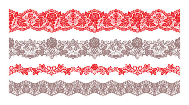 Decorative vector lace borders featuring floral elements in red and brown shades for various designs.