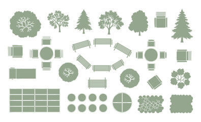 Naklejka premium Detailed garden plan view showcasing outdoor furniture, trees, benches, paving stones, and circular planting beds.
