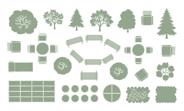 Detailed garden plan view showcasing outdoor furniture, trees, benches, paving stones, and circular planting beds.