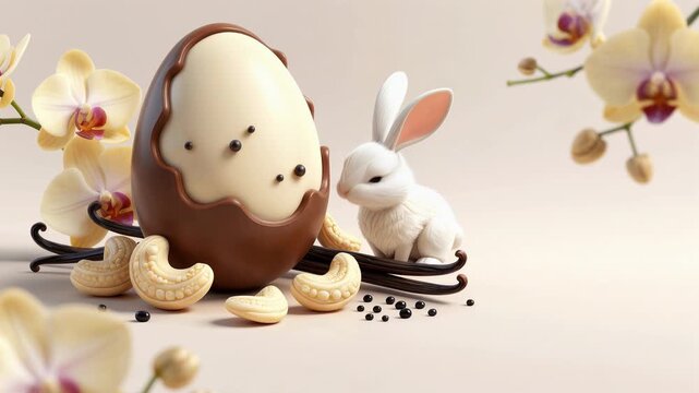 Photorealistic image of a white rabbit with pink inner ears sitting next to a chocolate Easter egg with creamy white and dark chocolate patterns. Surrounding the egg are vanilla wafers.