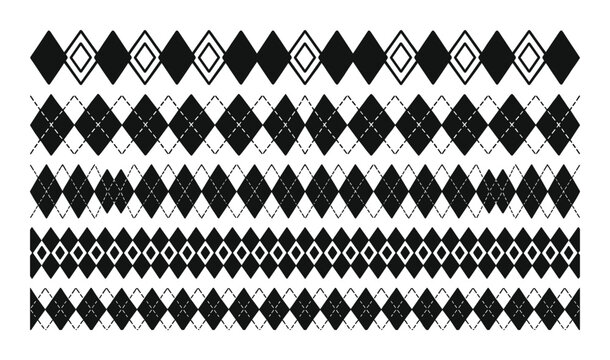 Diamond pattern border set. Seamless rhombus designs for decorative and textile projects, geometric elements