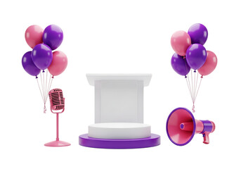 Podium with Microphone and Megaphone, Surrounded by Balloons, for Speeches and Announcements