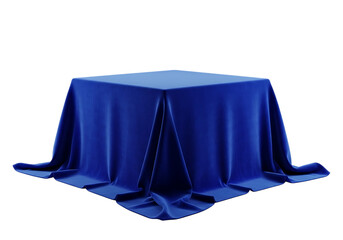 Square Pedestal Covered with a Blue Velvet Cloth, Isolated on White Background for Product Display