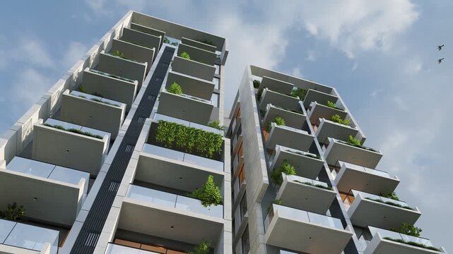 A modern high rise building under construction with glass facade rising in the urban city skyline