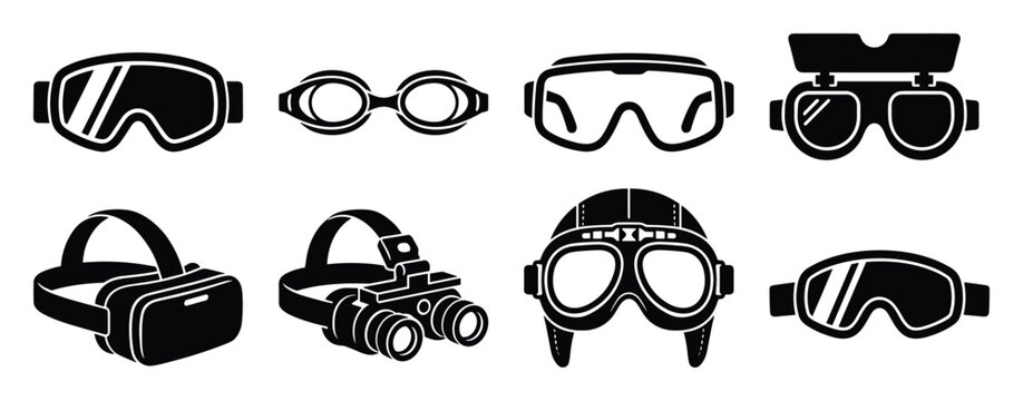 Diverse goggle glyph set including ski, swim, VR, night vision, aviation, and safety types.