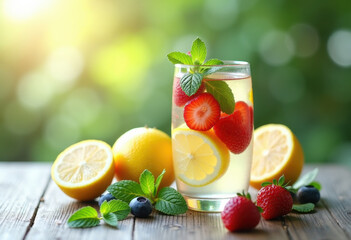 Fototapeta premium Fruit-infused water with mint and lemon, detox vibe