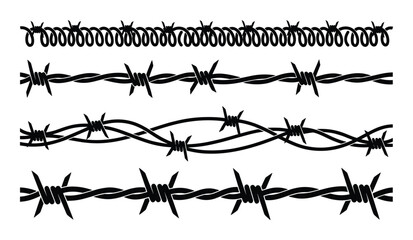 Four barbed wire fence types with twisted, coiled, spikes and thorns, realistic fence elements.